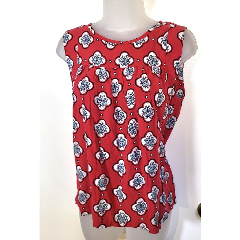 LOFT PETITE Woman’s Red Blouse Blue floral Top Relaxed Smocked Sleeveless Top PM